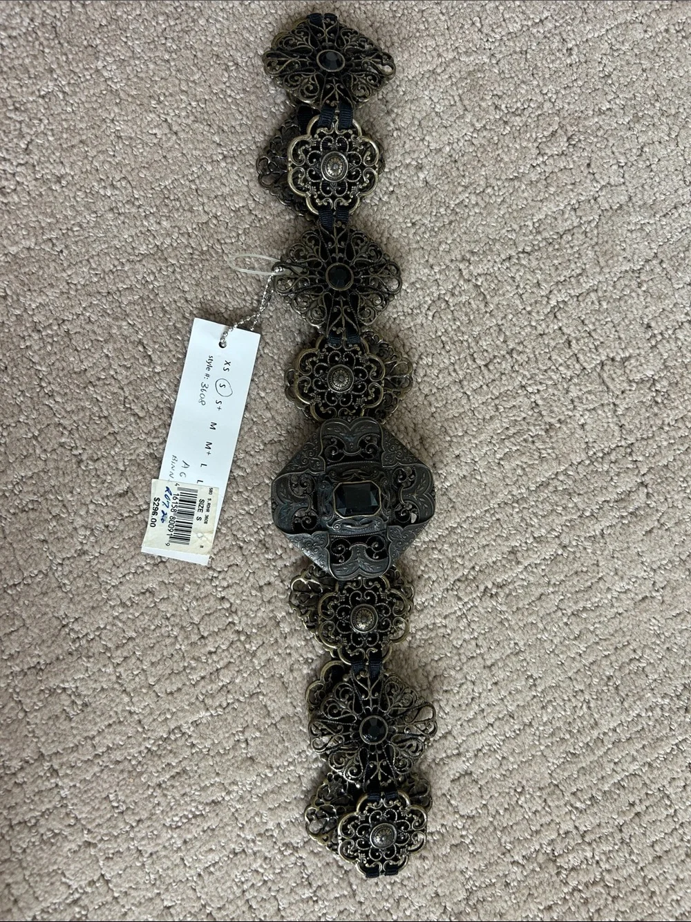 Suzi Roher Black and Antique Gold Filigree Wide Statement Belt